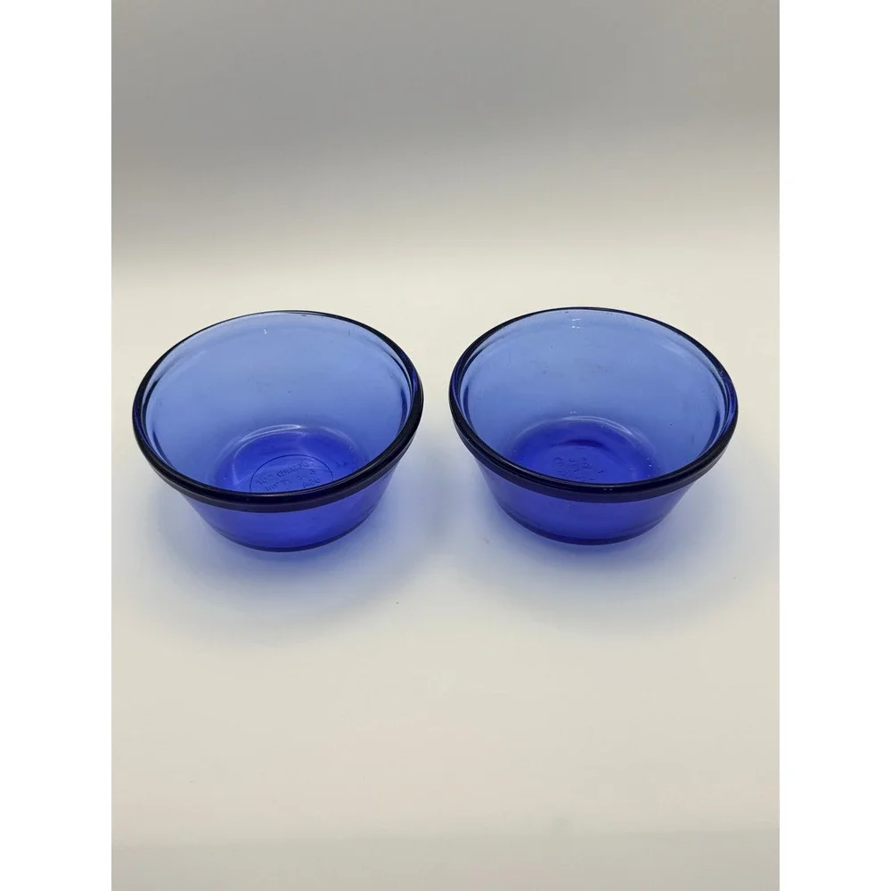 Cobalt Blue Glass Custard Cups Ramekin Set 2 Prep Bowls 6oz Vintage Blue